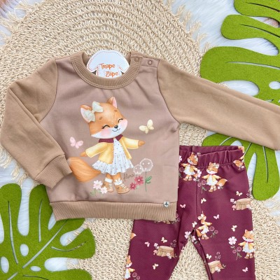 Conj. Casaco de Moletom Raposinha com Botinhas e Calça Legging - Marrom e Bordo